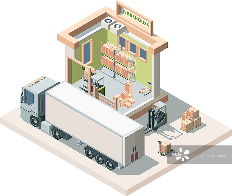 带有卡车和货物的2.5D仓库建筑图片素材