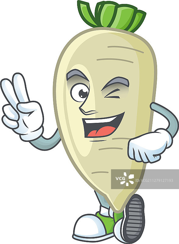 竖起两根手指的白色萝卜卡通吉祥物图片素材