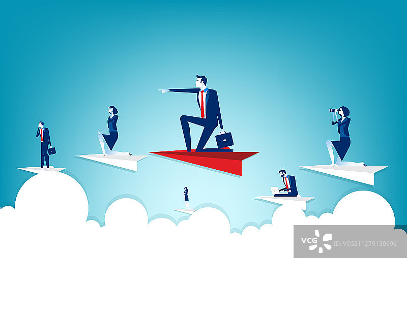 商务人士乘坐纸飞机的概念图片素材