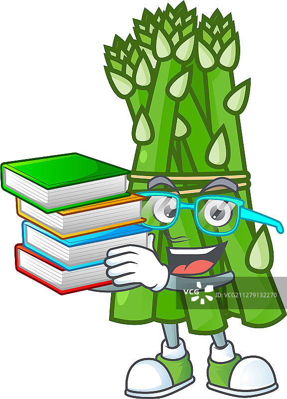 卡通吉祥物上的学生与书和芦笋图片素材