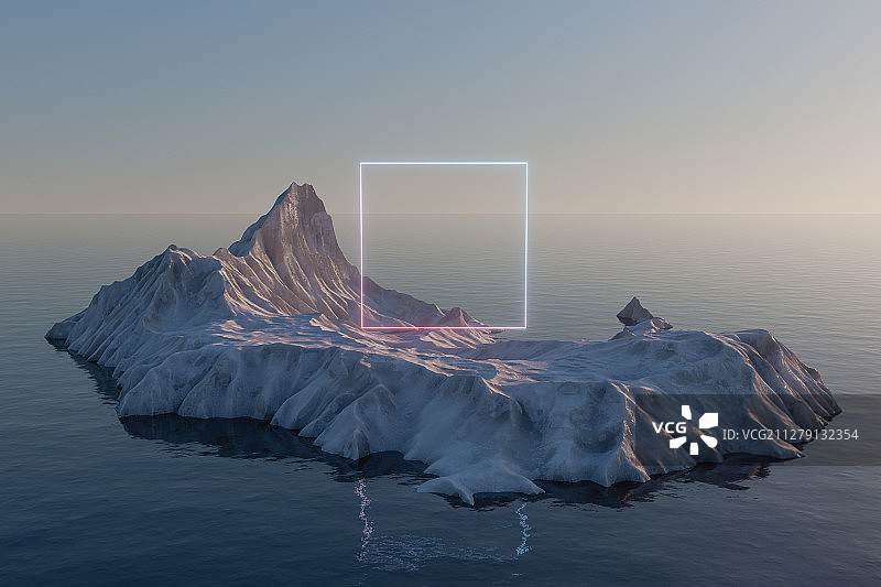 海面上的冰川小岛与霓虹线框 三维渲染图片素材