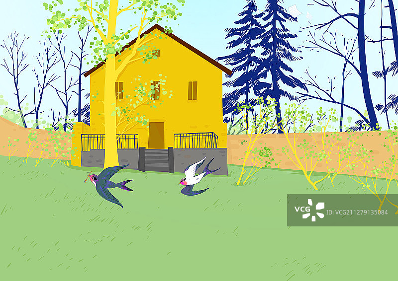 简约清晰插画春天的书信飞到郊外别墅的院子里图片素材