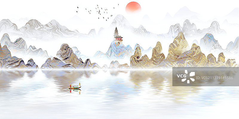 现代手绘蓝色抽象山水画图片素材