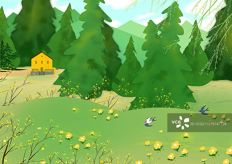 春季大森林里的小木屋别墅燕子飞来迎春花开图片素材