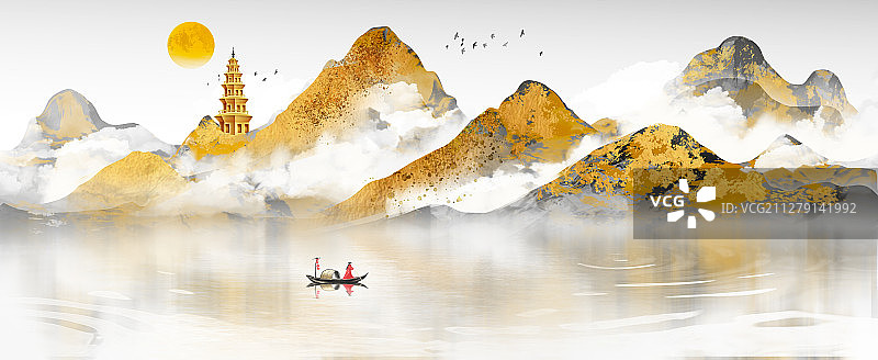 手绘轻奢新中式抽象金色山水图片素材