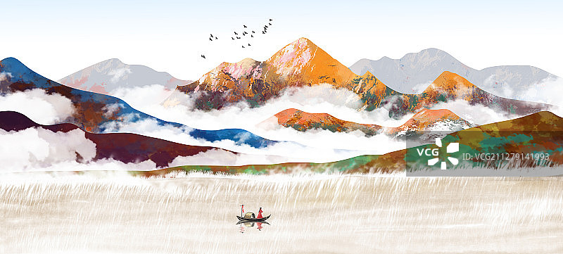 手绘轻奢新中式抽象金色山水图片素材