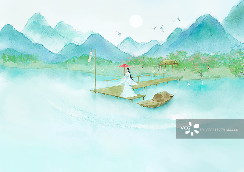 立夏节气中国风小清新水彩风格山水插画图片素材