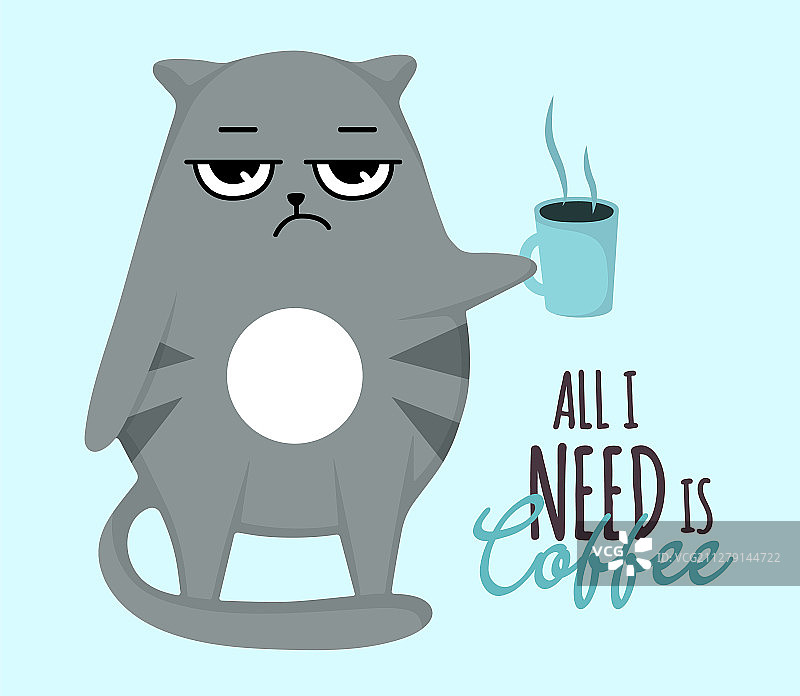 脾气暴躁的猫拿着咖啡杯图片素材