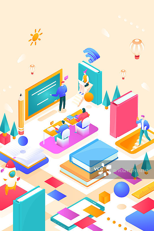 2.5D等距在线教育签到读书网课中高考加油学习活动矢量插画图片素材