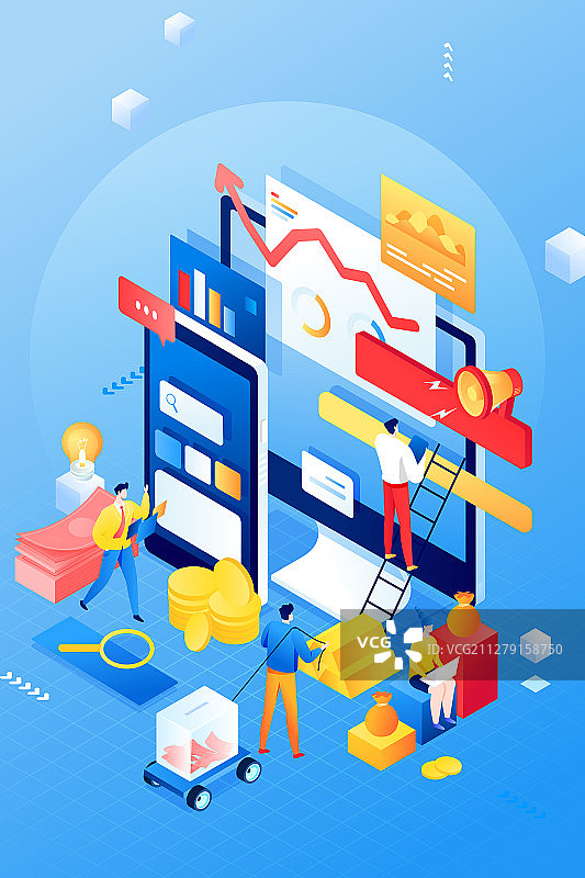 2.5D等距互联网金融理财投资业绩收益返现招募商务矢量插画图片素材