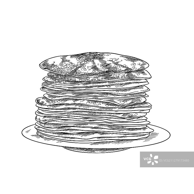 盘中堆叠的薄煎饼墨水素描图片素材