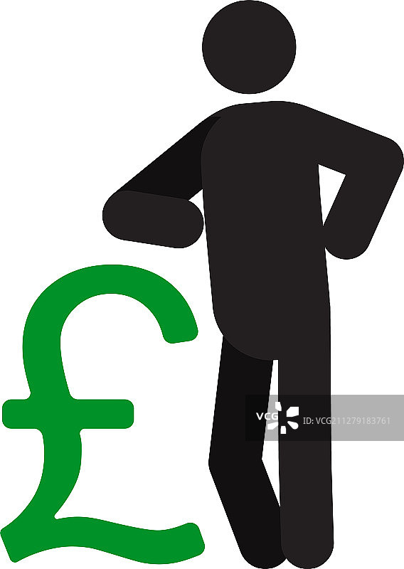 男人倚靠在英镑符号轮廓图标上图片素材
