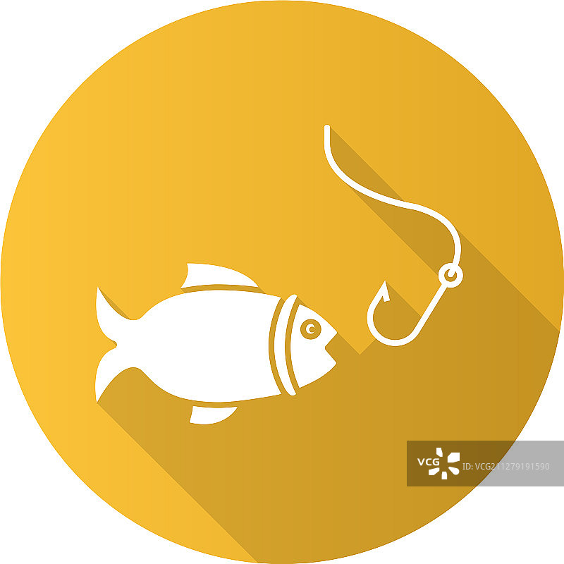 鱼和鱼钩扁平设计长阴影标志图片素材