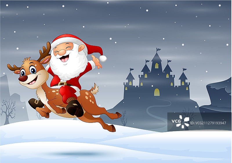 快乐的圣诞老人骑着驯鹿跳跃图片素材
