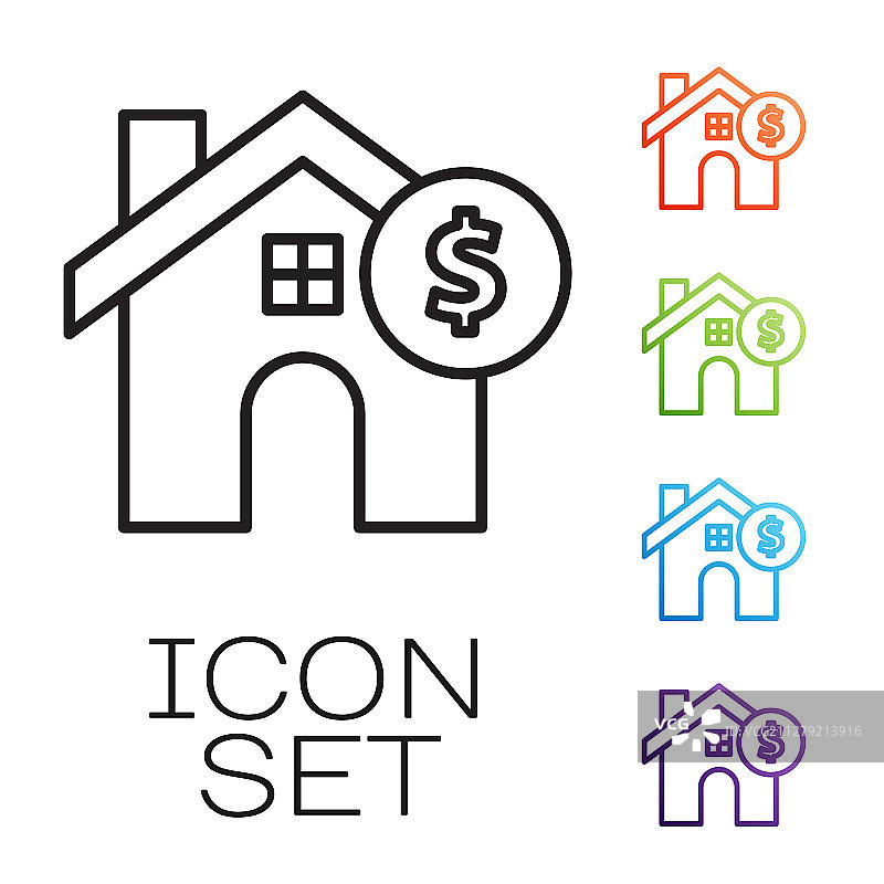 带有美元符号的黑色线条房屋图标图片素材