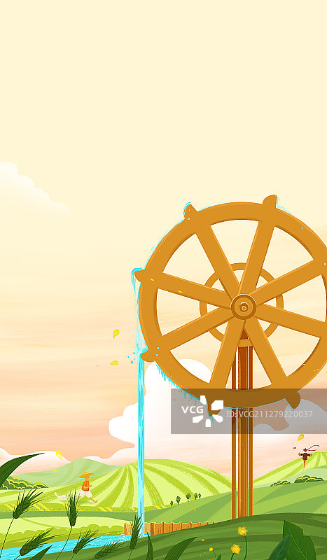 小满郊外有水车的绿色麦田插画竖版图片素材
