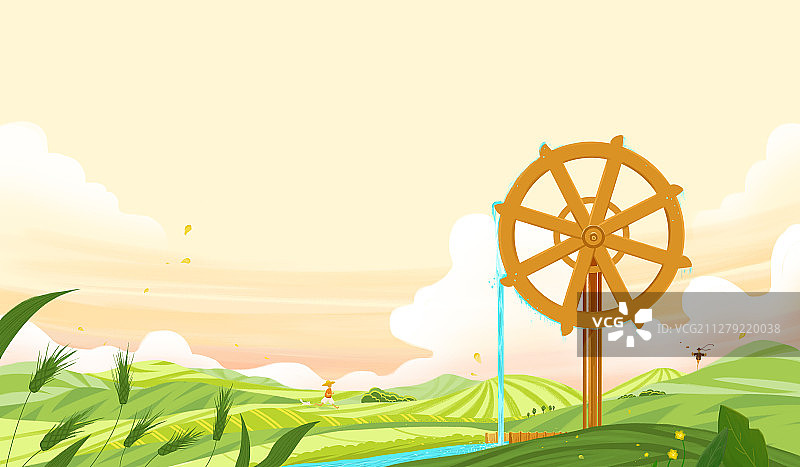 小满郊外有水车的绿色麦田插画横版图片素材