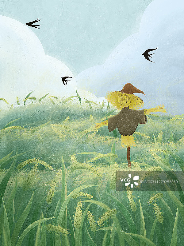 稻田里的稻草人清新插画图片素材