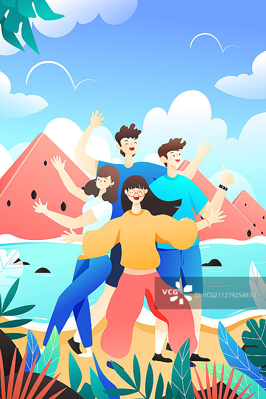 夏季出游旅行度假劳动节小长假风景背景矢量插画图片素材