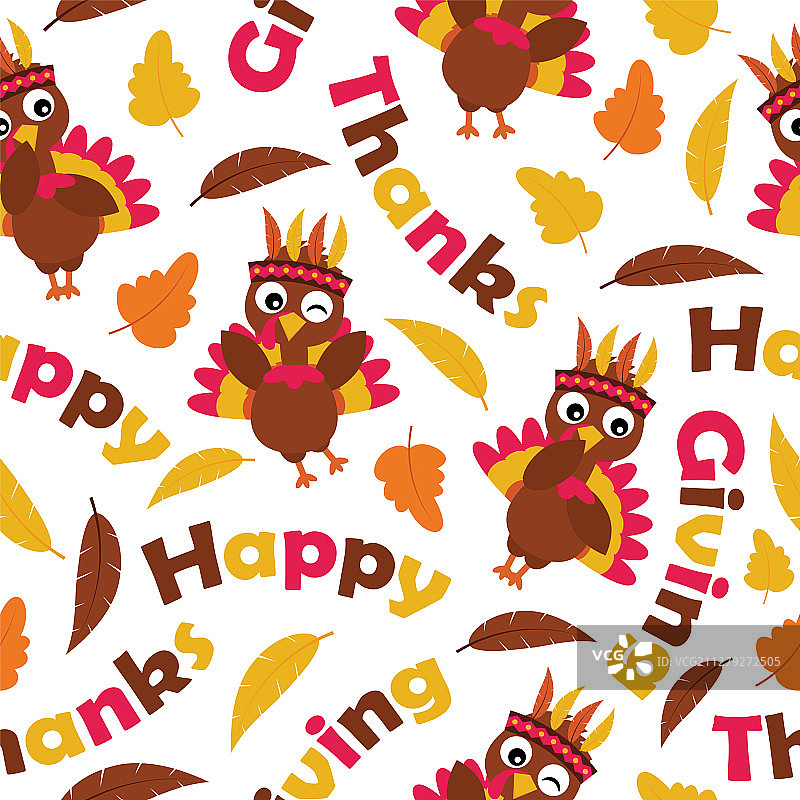 可爱的火鸡和枫叶无缝图案图片素材