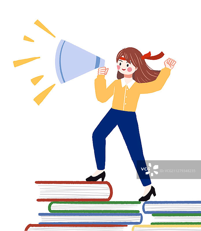 一个站在书本拿着喇叭的穿职业装的女性 手绘插画图片素材