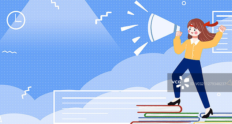 一个站在书本拿着喇叭的穿职业装的女性 手绘插画图片素材