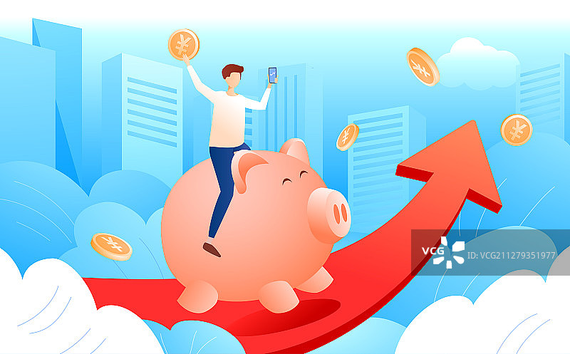 男孩骑在存钱罐飞奔在有箭头的城市背景上图片素材