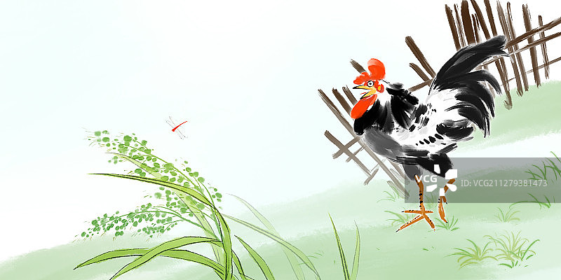 传统文化二十四节气夏季小满夏季田野小麦成熟公鸡鸣叫图片素材