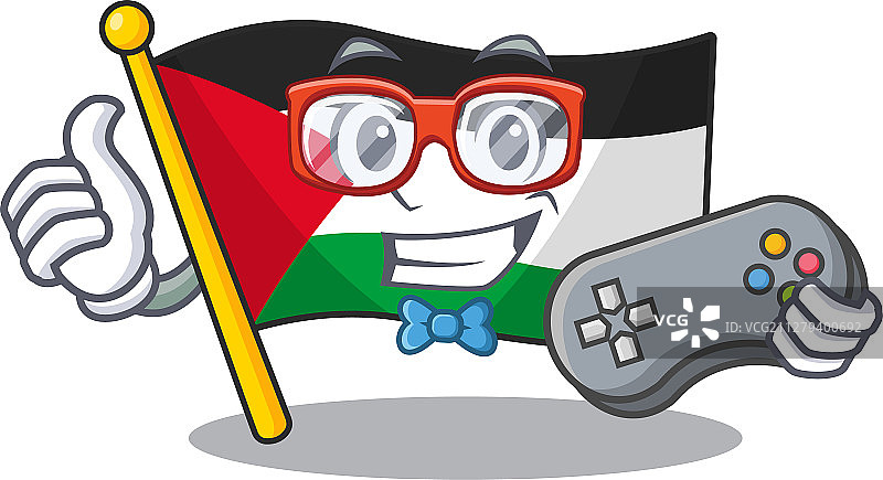 有趣的极客游戏玩家巴勒斯坦旗帜卷轴卡通图片素材
