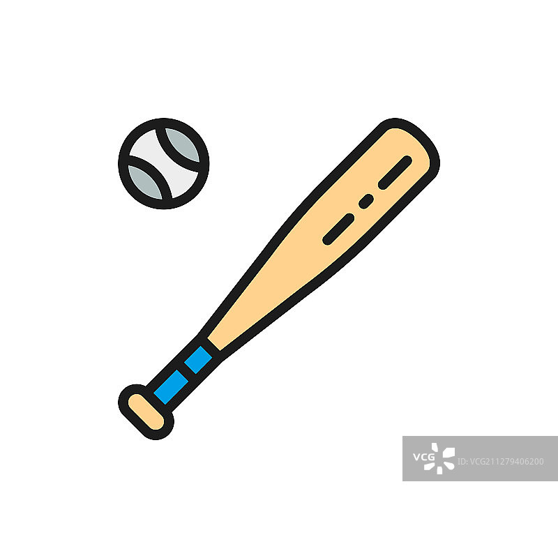 棒球棒和棒球扁平颜色线条图标图片素材