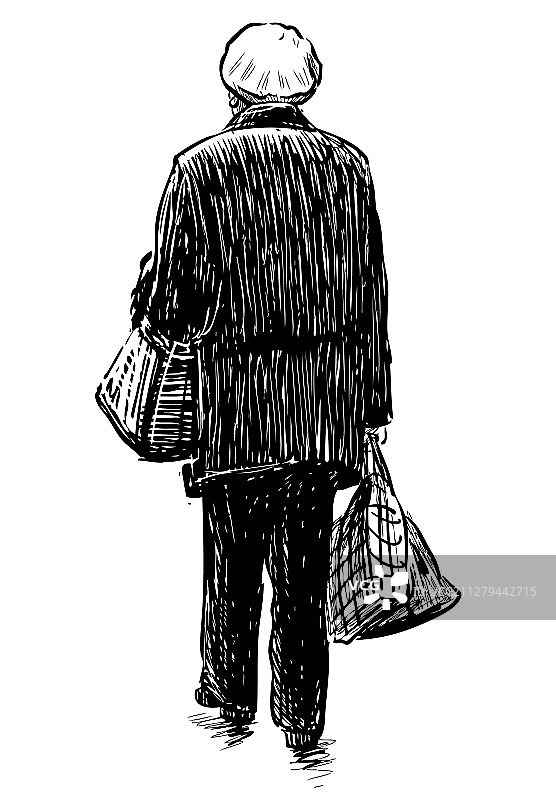 带着包行走的年长城镇妇女草图图片素材
