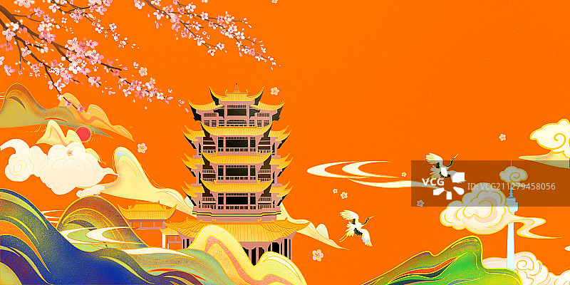 国潮风插画敦煌壁画效果湖北武汉黄鹤楼白云仙鹤图片素材