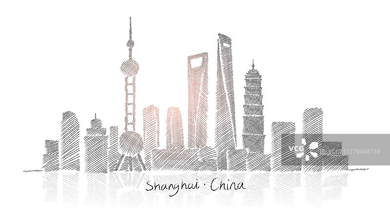 上海陆家嘴建筑群，手绘城市天际线图片素材
