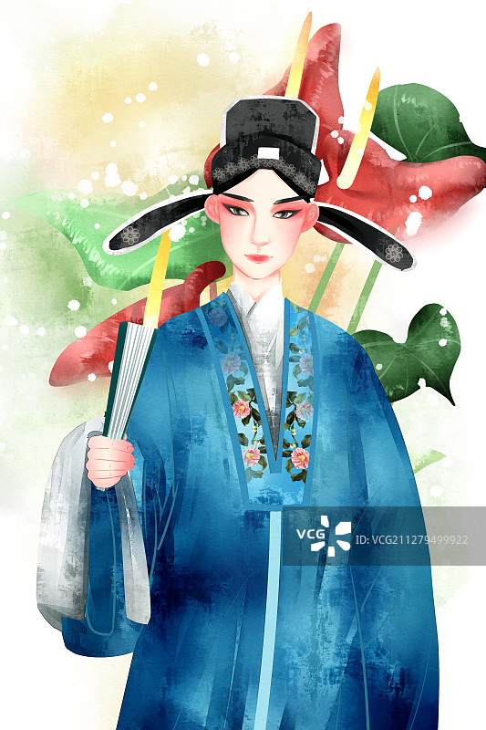 中国风水彩古风京剧人物小生插画图片素材