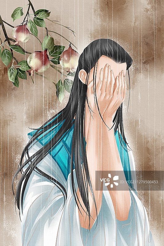 中国风水彩古风男性哭泣插画图片素材