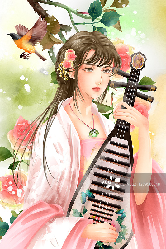 中国风水彩古风女性弹琵琶插画图片素材
