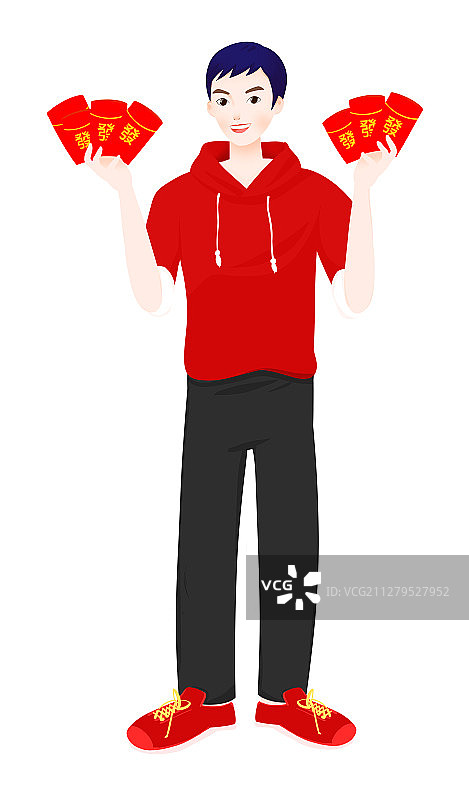 简约家庭温馨插画新年快乐发红包图片素材