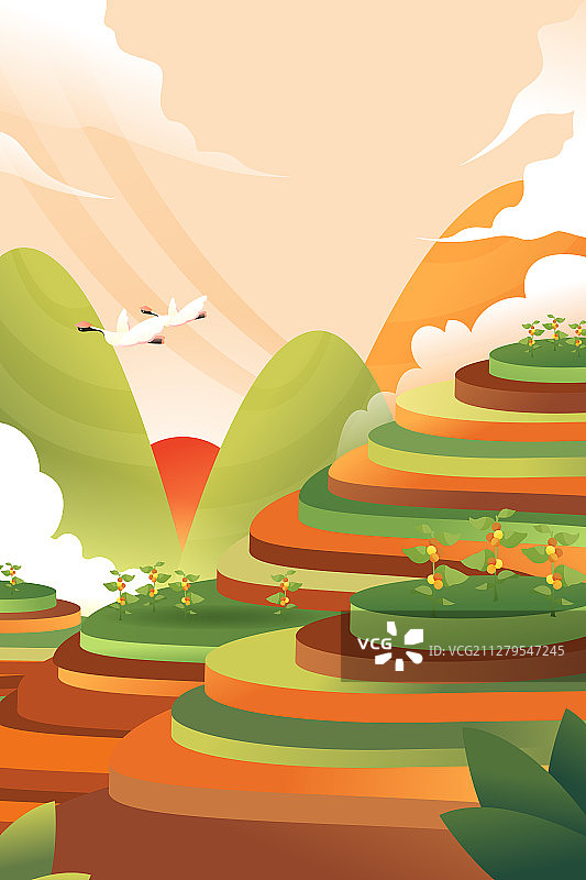 谷雨小满芒种水稻小麦丰收梯田放牛风景二十四节气中国风矢量插画图片素材