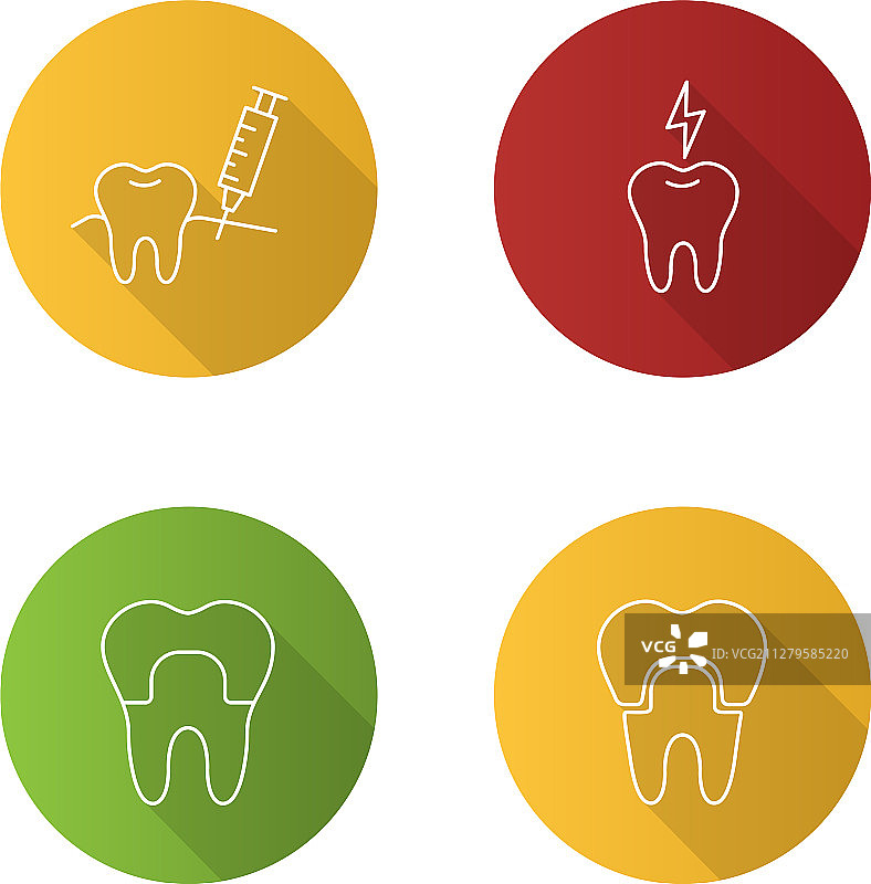 牙科扁平线性长阴影图标集合图片素材