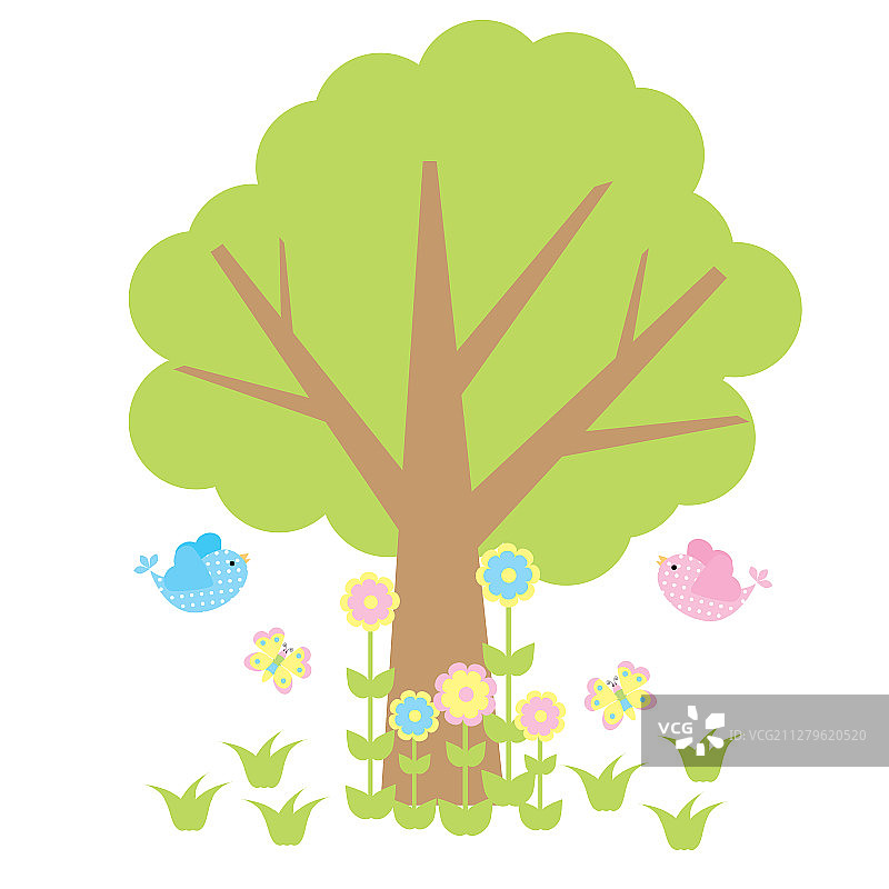 树上鲜花和蝴蝶卡通可爱小鸟图片素材