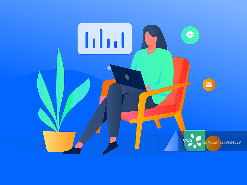在客厅里上网完成工作的女士，扁平矢量人物场景创意概念插画图片素材