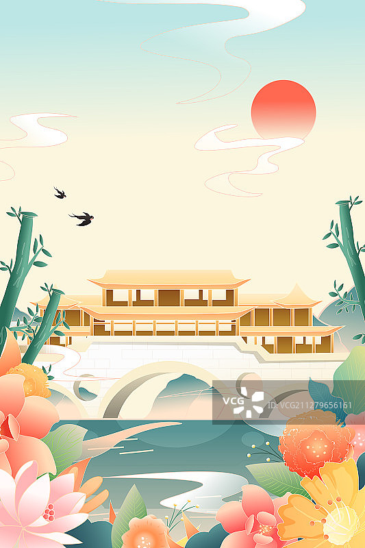 中国四川成都安顺廊桥城市地标古建筑景区风光中国风背景矢量插画图片素材