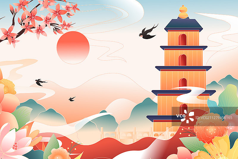 中国陕西西安大雁塔城市地标古建筑景区风光中国风背景矢量插画图片素材