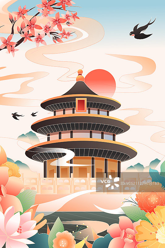 中国北京天坛祈年殿城市地标古建筑景区风光中国风背景矢量插画图片素材