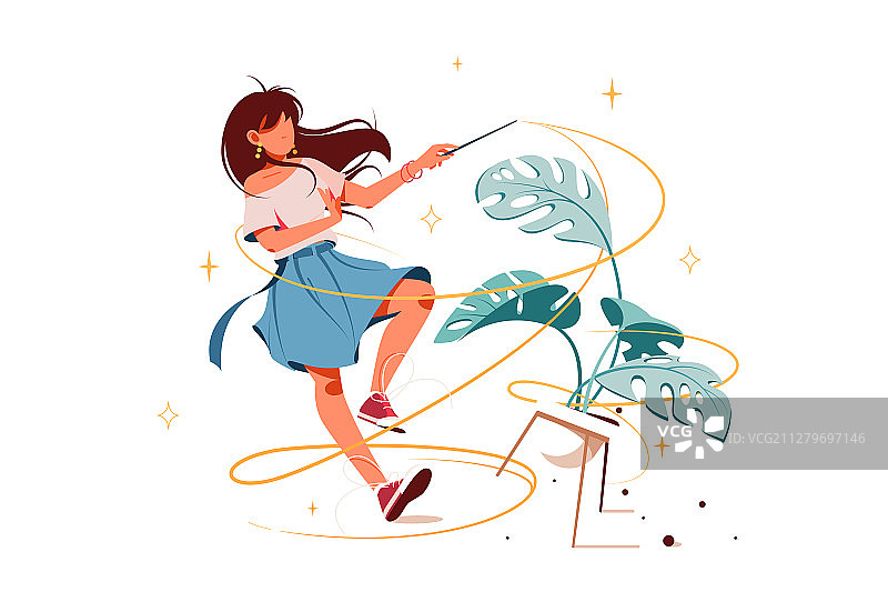 拿着魔杖将盆栽植物变成…的女孩图片素材