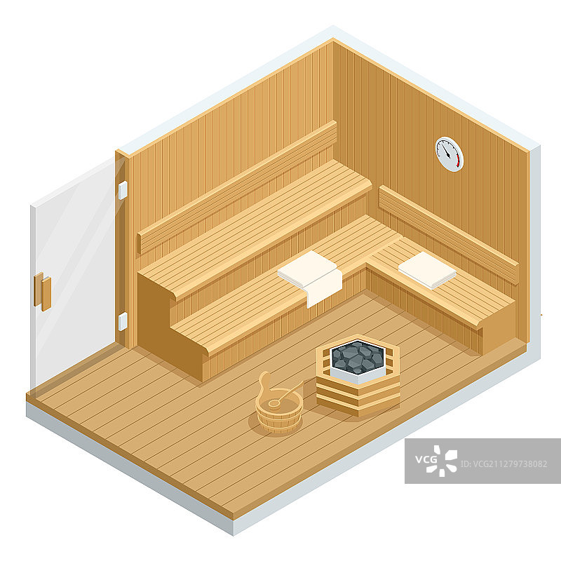 2.5D桑拿房内景，经典芬兰桑拿图片素材