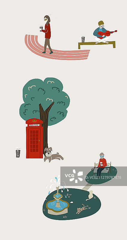 复古风格童趣插画：城市公园户外景观元素图片素材