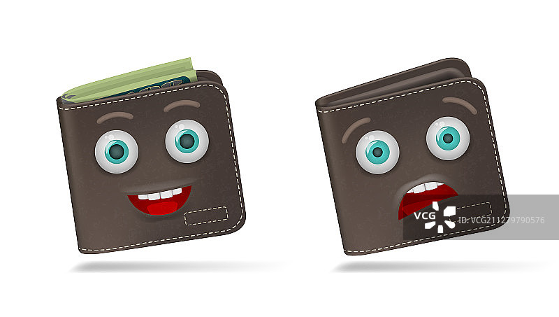 白色背景上的卡通趣味满钱包和空钱包图片素材