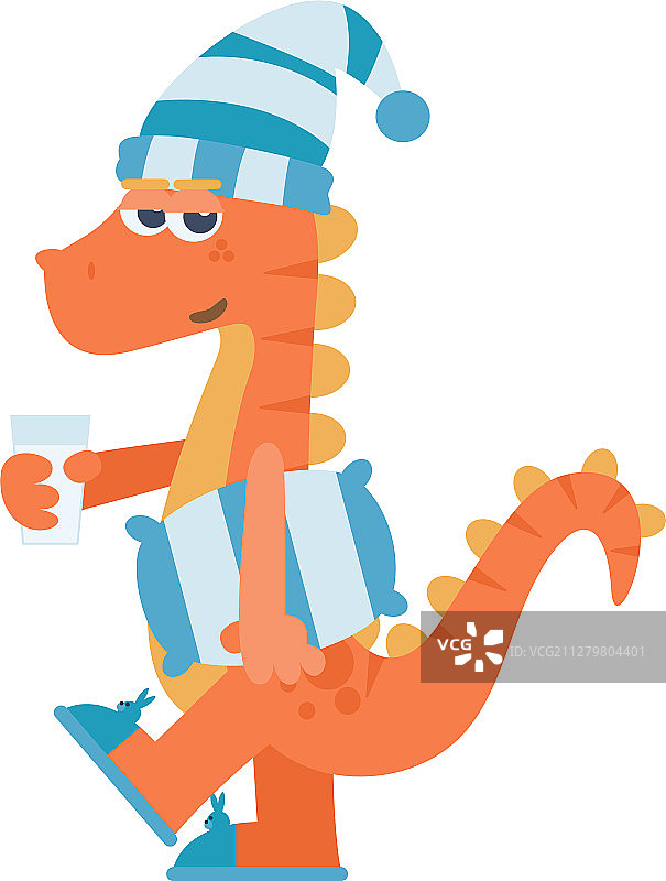 抱着枕头和牛奶的瞌睡恐龙图片素材