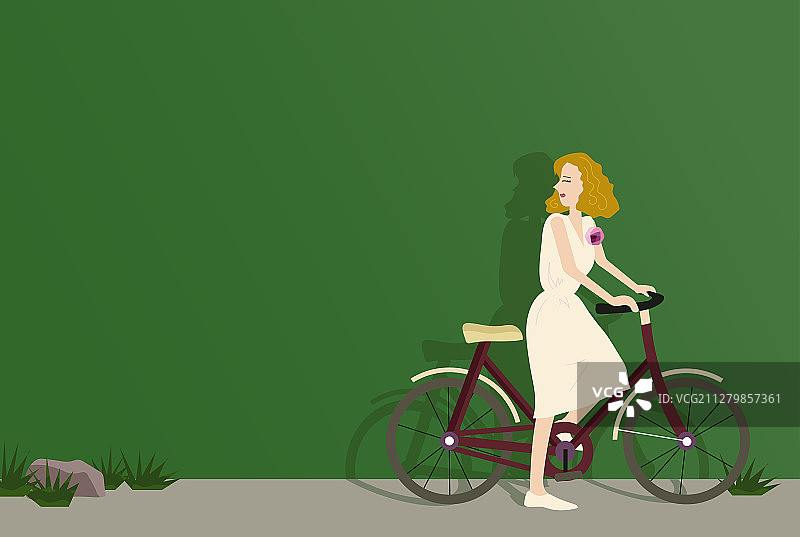 白裙骑车少女绿色背景（矢量）图片素材
